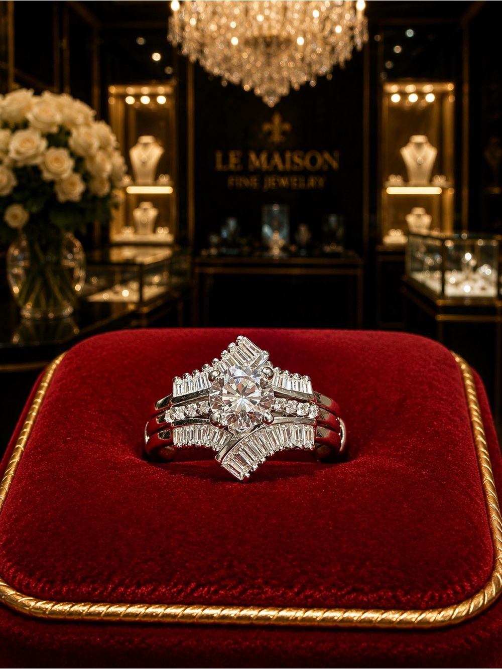 Art Deco White Zircon baguette round cut Ring with Ring Guard Rhodium & Silver